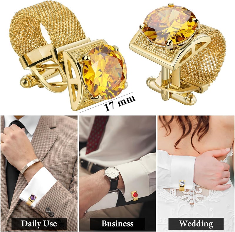 HAWSON Birthstone Gold Tone Cufflinks for Men with Chain Shirt cuff links Wedding Business Birthday Christmas Gifts for Men - Image 5